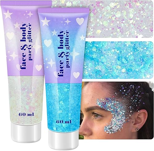 Gel de purpurina corporal, 2 frascos de maquillaje holográfico con purpurina gruesa para cuerpo, cabello, cara, uñas, labios, sombra de ojos, total