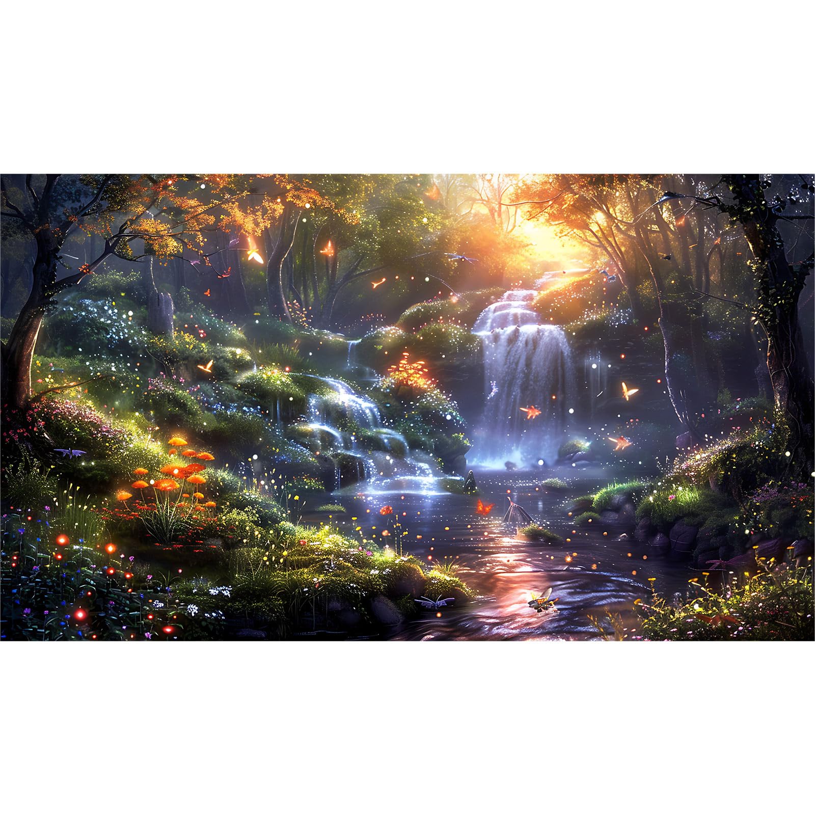 Fantasy Forest Aquarium Background Waterfall Cascades Tranquil Pool Fish Tank Background Magical Forest Vibrant Flowers Reptile Tank Backgrounds Sunlight Enchanted Oasis Terrarium Backgrounds 48x18in