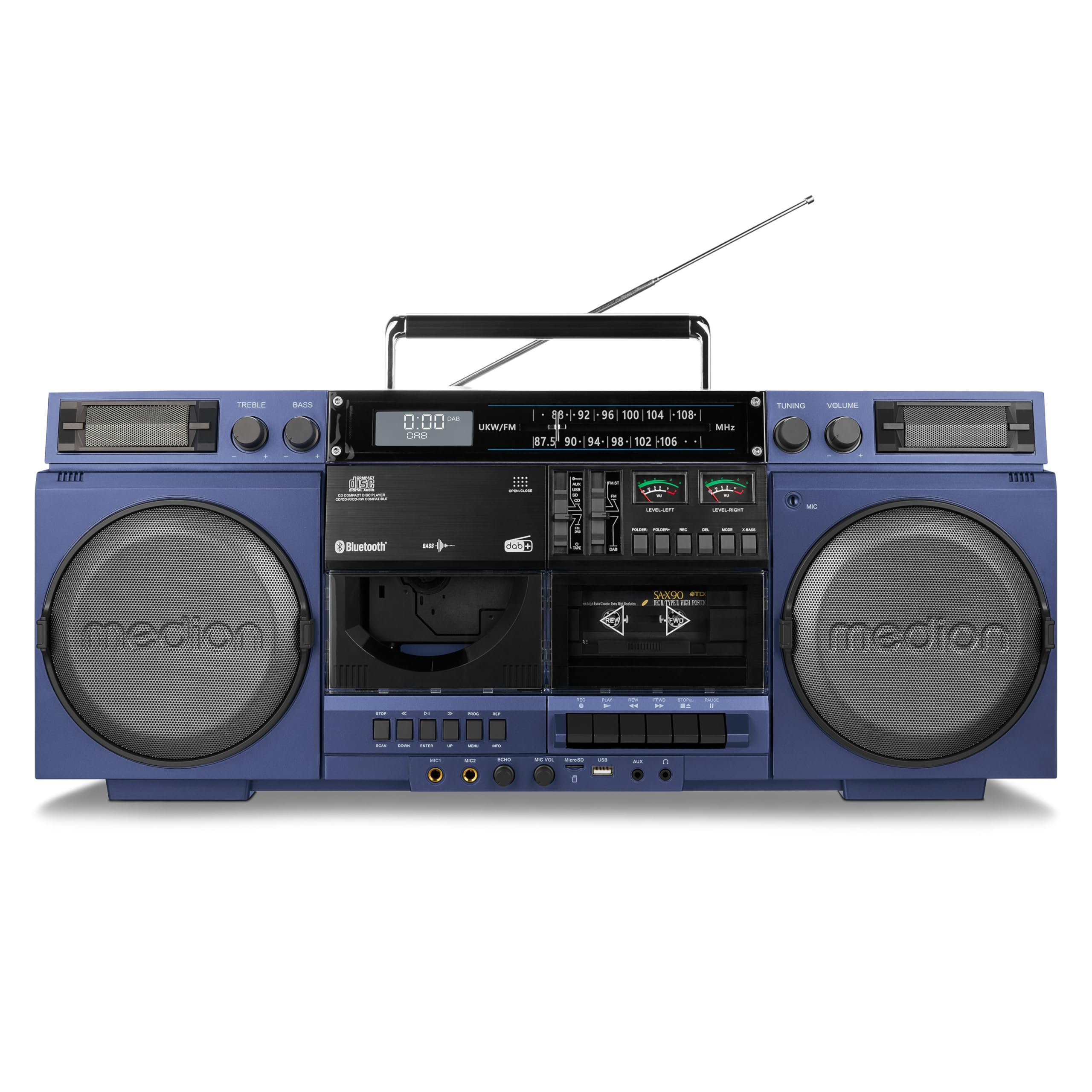 MEDION P66538 Reproductor de Casete (Retro Ghettoblaster con Reproductor de CD, años 80, Grande, USB, SD, CD, Casete MC, Antena telescópica de Radio Dab+, Bluetooth, pletina de Casete