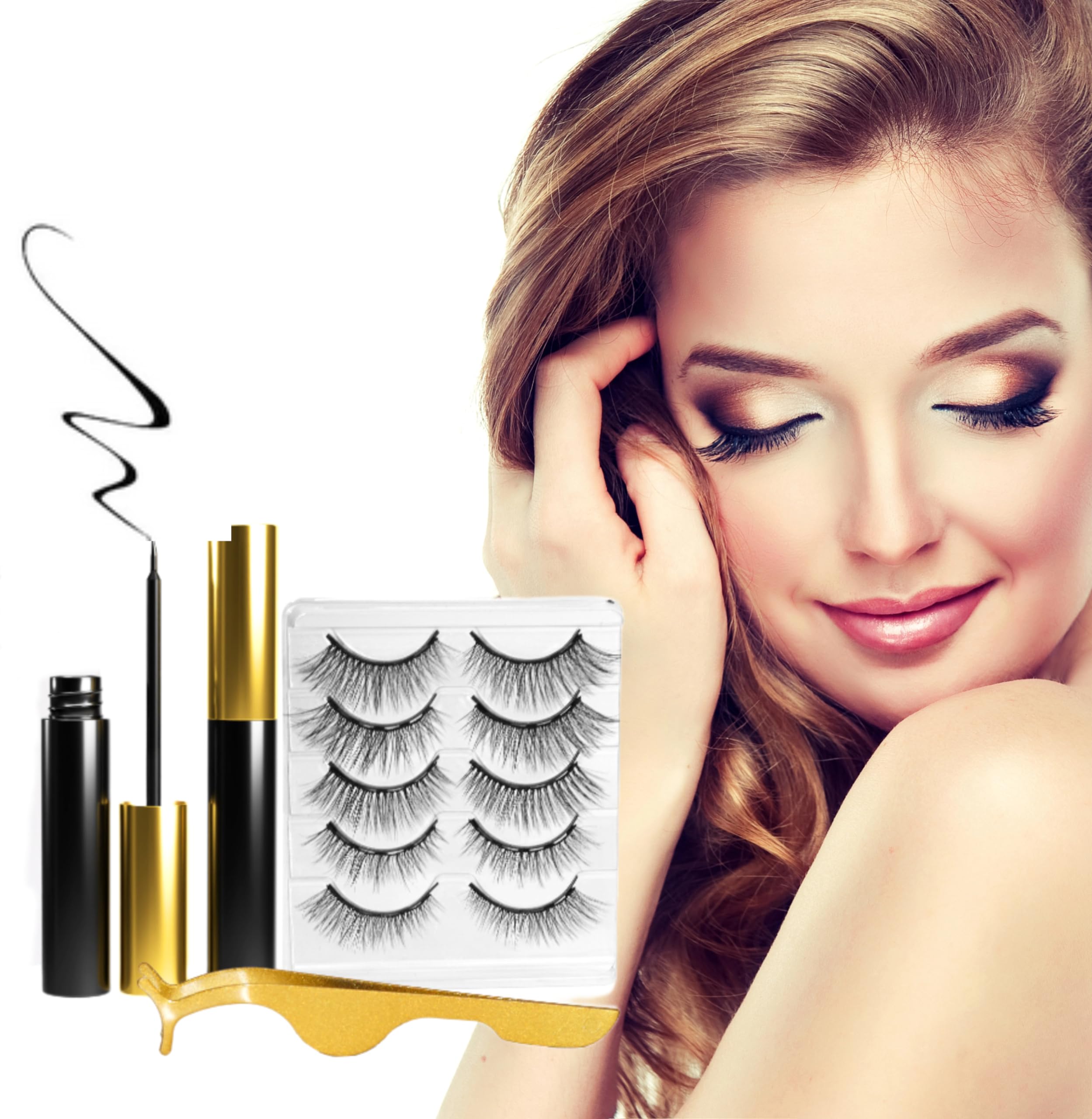 Magnetische Wimpern mit Eyeliner, Set 5 Paar 3D Effekt natürlich aussehende Wimpern, 2 Tuben Eyeliner und eine Zange, Magnet Wimpern wiederverwendbar, handgemacht (Packung mit 2)