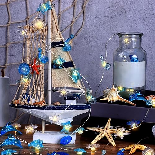 Miniatura 7 de Zhanmai 2 piezas de luces de cadena para decoración marina temática náutica de conchas y caballitos de mar para dormitorio, 10 pies, 30 luces LED,