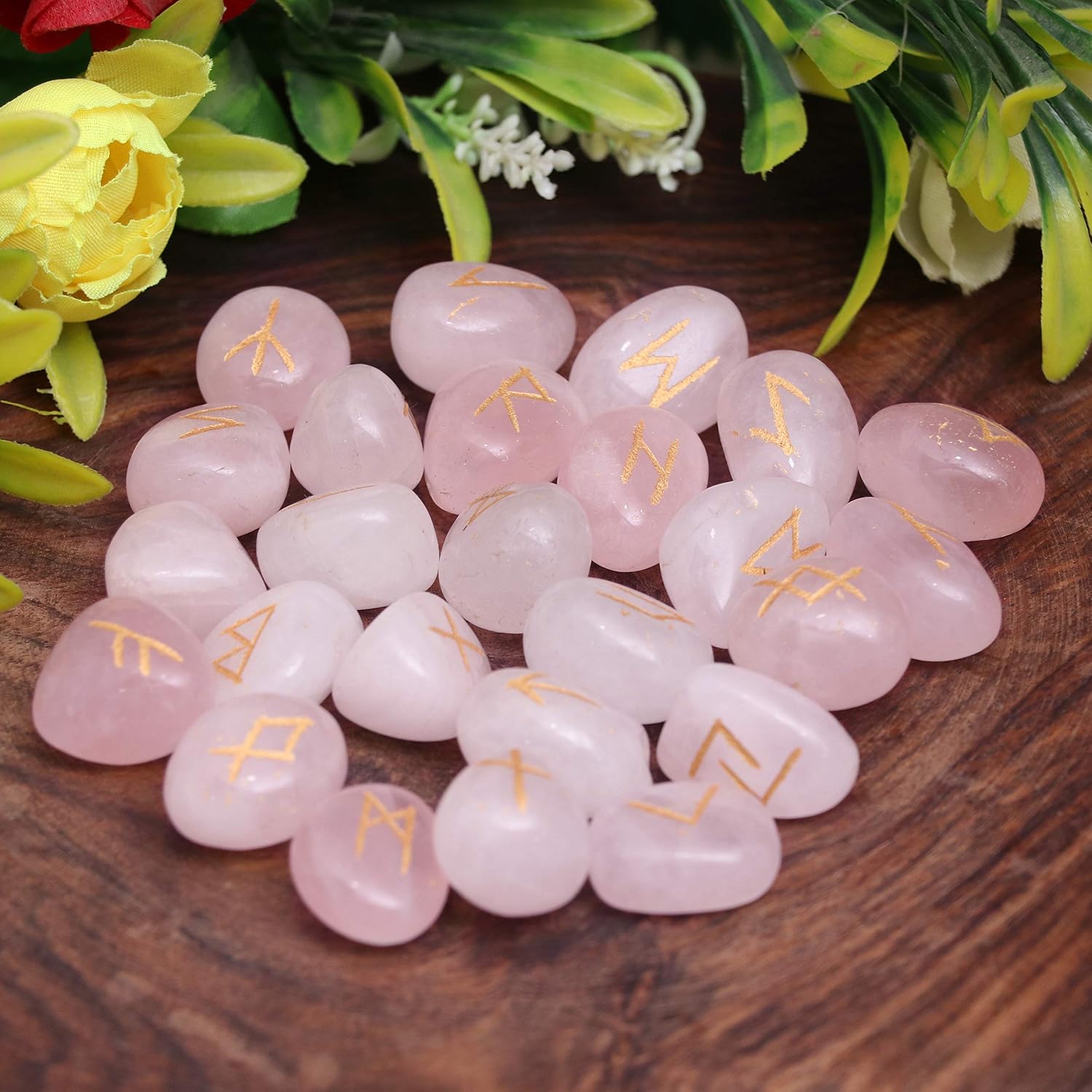Crocon Rose Quartz Gemstone Rune Stone with Elder Futhark Alphabet Engraved Symbol 25 pcs Set for Feng Shui Reiki Crystal Healing Chakra Balancing Gift Home Decor Size: 15-20 mm