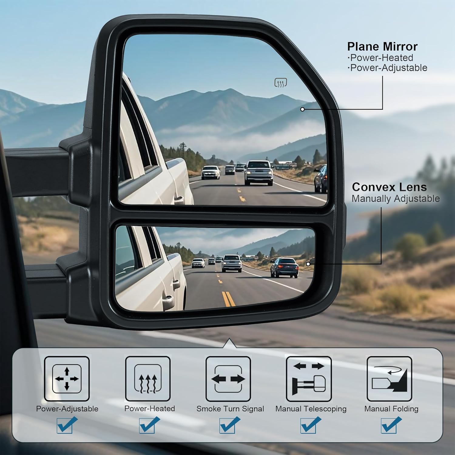 Tow Mirrors Compatible with 2015-2020 Ford F150 F-150, Extended Trailer Towing Side Mirrors w/Smoked Turn Signal & Ambient Temp Sensor(for 2019+), Puddle Light, Power Heated, 22PIN, Black