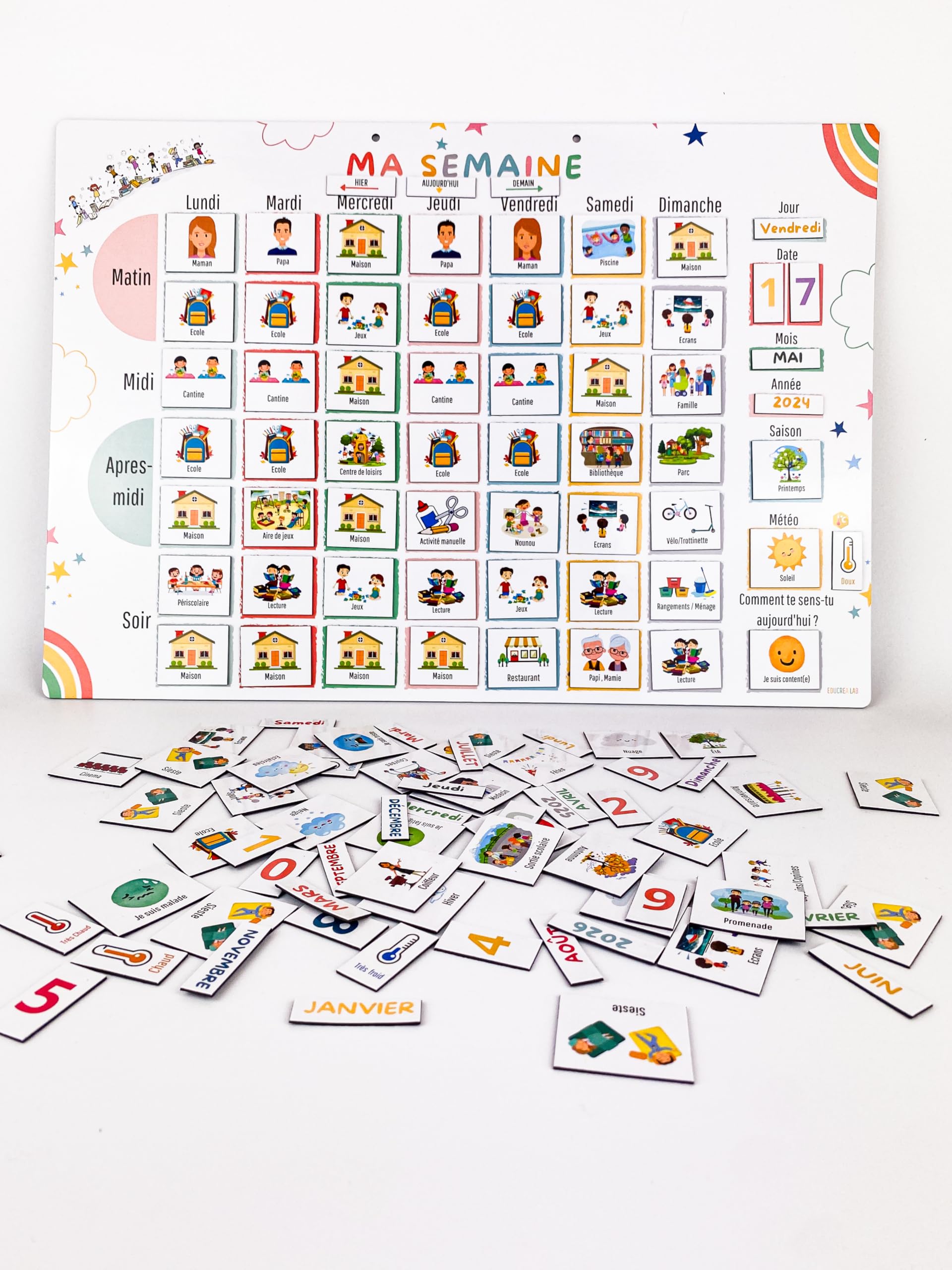 265 Magnets - Grand semainier magnétique Enfant – Organisation Semaine – Évolutif & inspiré Montessori