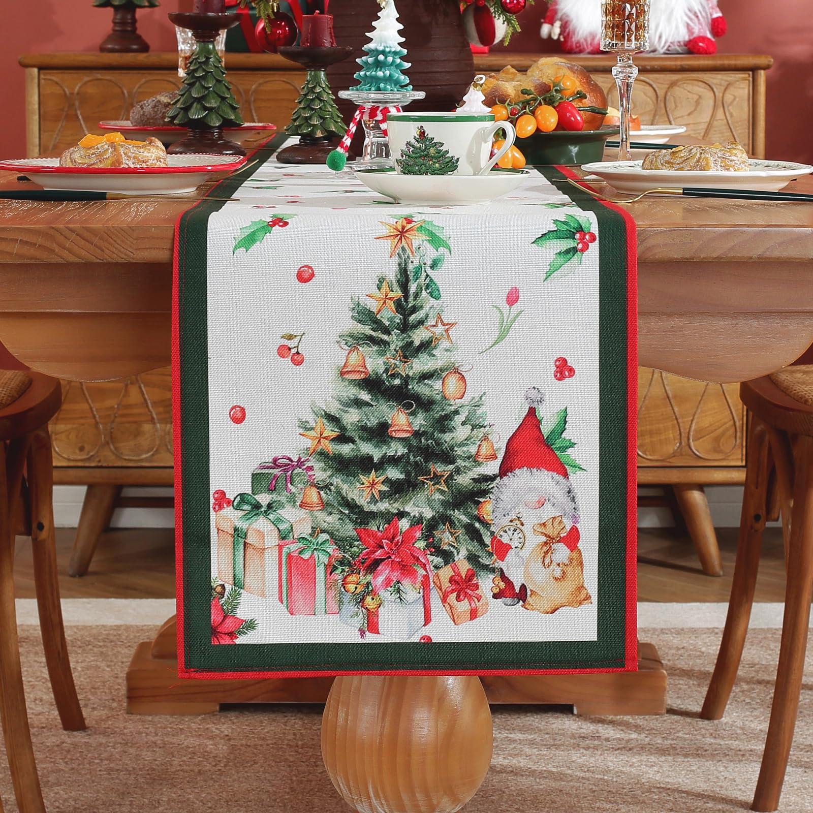 meioro Traves de Mesa Navideños para Decoracion de Hogar, Traves de Mesa en Poliester con Copos de Nieve y Papa Noel, Mantel de Xams Rojo, Decoracion de Mesa en Otoño (Arbol de Navidad,30x140 cm)