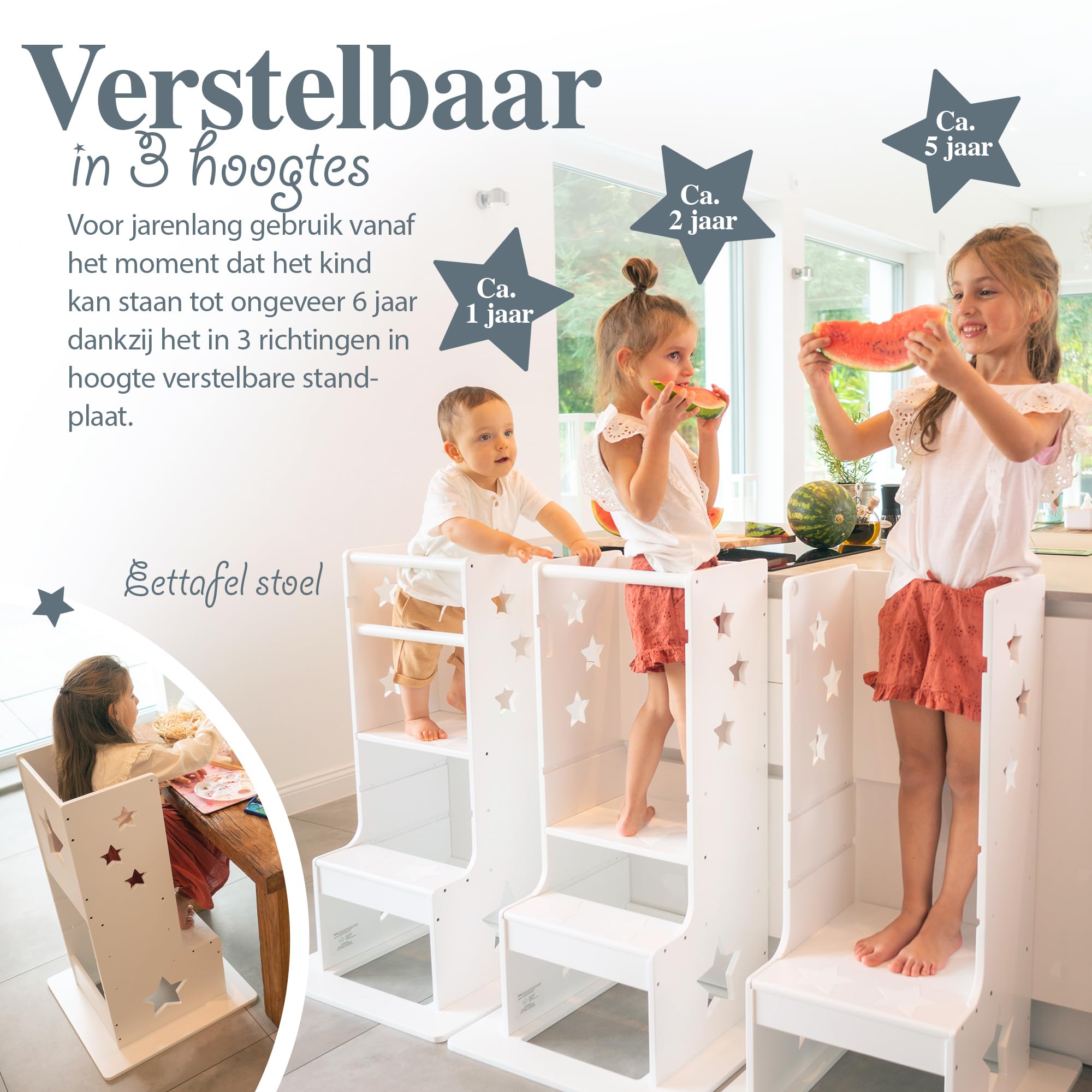 Kids Woody Star® Leertoren vanaf 1 jaar, 360° kantelbescherming, in hoogte verstelbaar, leertoren, Montessori, opstapkruk voor kinderen, kruk, leerstoel, wit square
