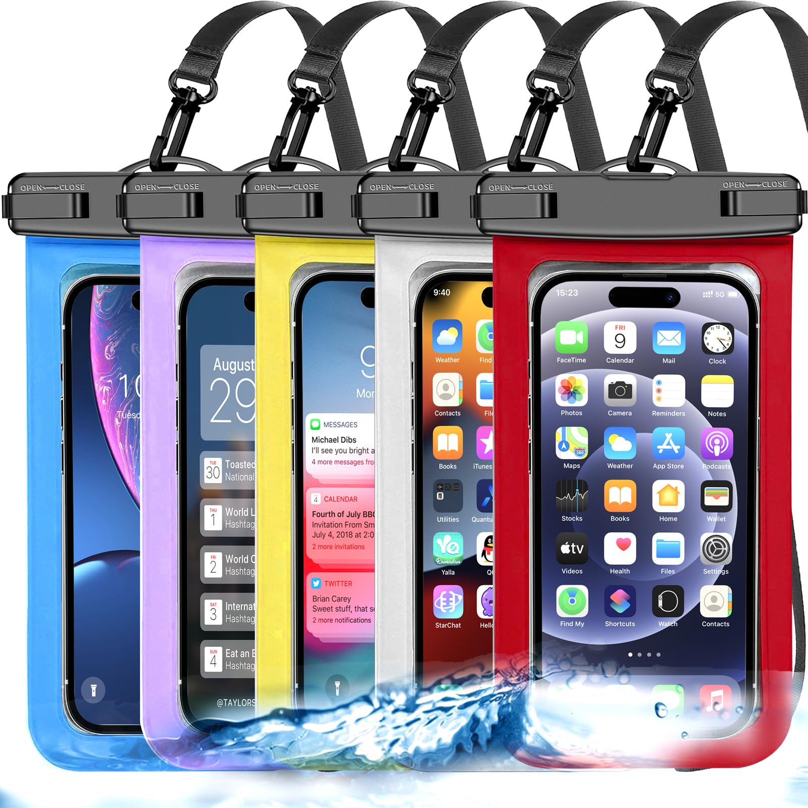 Paquete de 5 bolsas impermeables universales multicolor para teléfono, funda grande impermeable para teléfono (nivel de protección: IP68), deportes al aire libre para Apple iPhone, Samsung y hasta 7.5