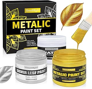 Silver & Gold Acrylic Paint Metallic Set, 150ml Water-Based Silver Gold Paint for Crafts, Painting, Handcrafts, Clay, Fabric, Wood, Non-Toxic Golden Acrylic Paints with Varnish and Accessories