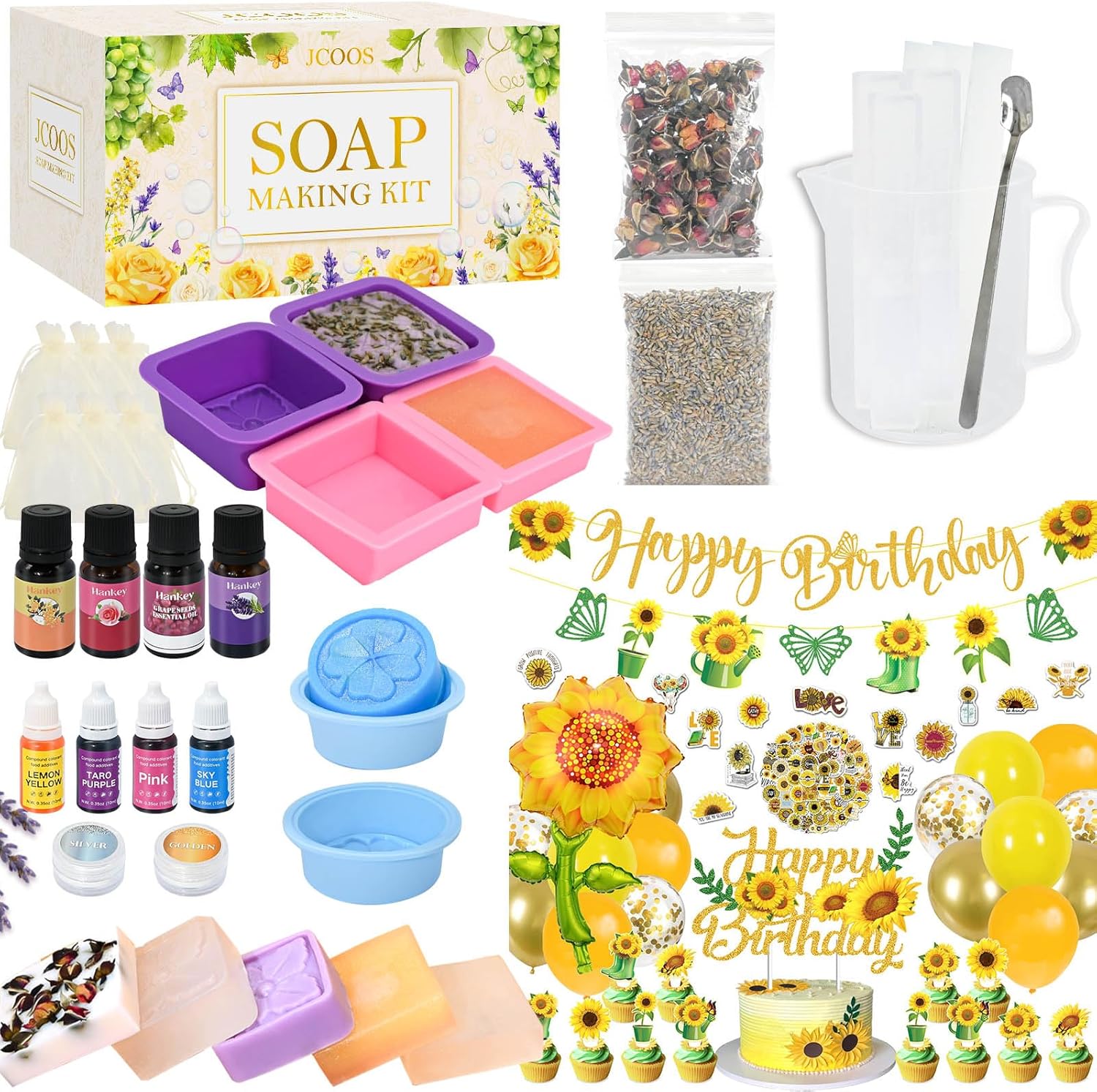 JCOOS Sunflower Party Decorations - Sunflower Birthday Party Decorations Sunflower Balloons Happy Birthday Banner Cake Toppers, Soap Making Kit for Adults and Kids, Soap Making Supplies