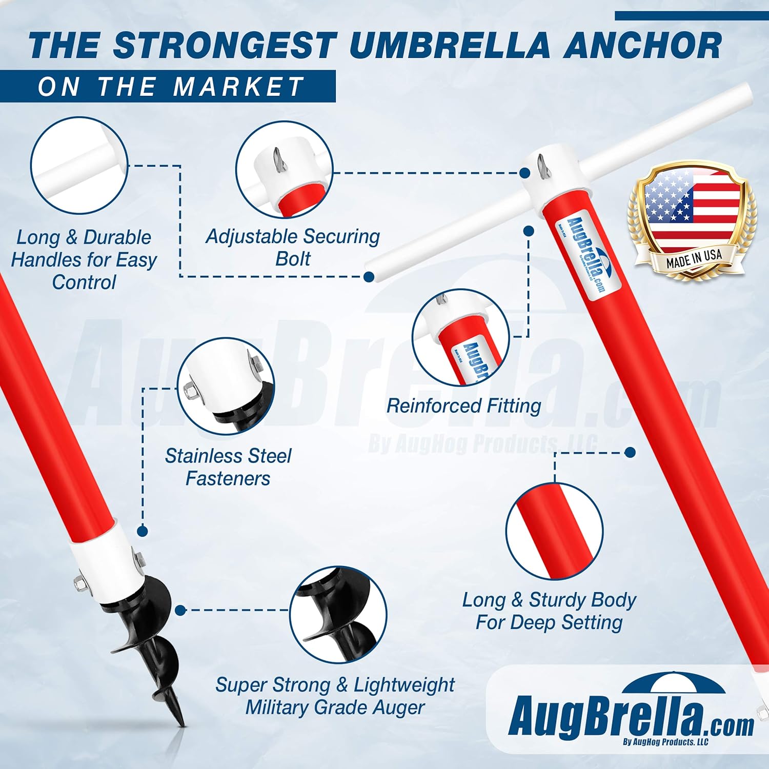 AugHog® AugBrella Commercial-Grade Beach Umbrella Sand Anchor White – Heavy-Duty 31″ Deep Auger with Stainless Steel Hardware – Fits Poles up to 1.6″ – UV & Impact Resistant – Made in USA (Red)