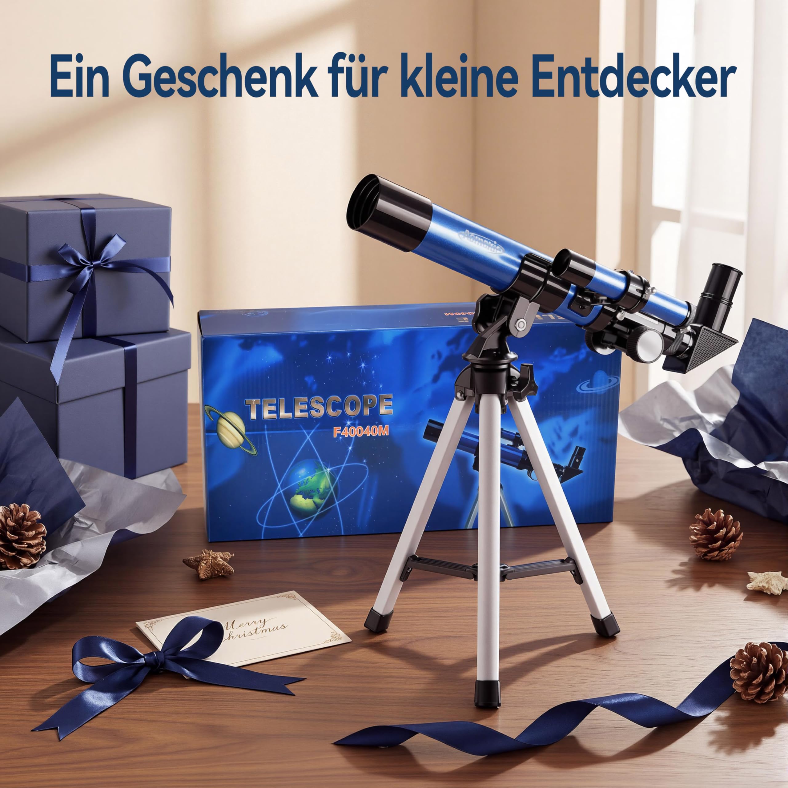 Aomekie Teleskop für Kinder und Einsteiger mit 10X Smartphone Adapter, Ausziehbarem Stativ, Tasche, Mondfilter und Aufrechtem Sucherfernrohr
