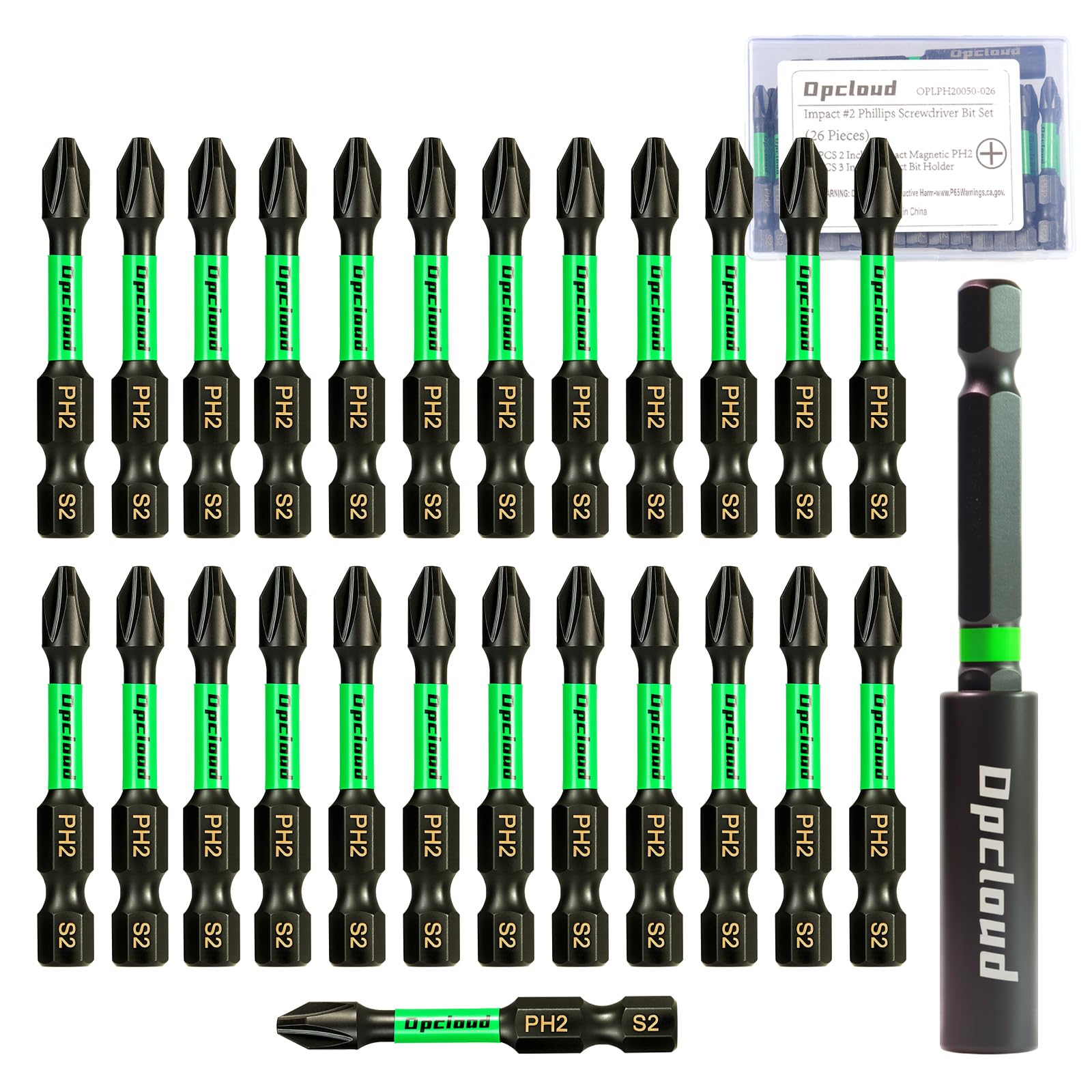Opcloud Impact #2 Phillips Screwdriver Bit Set, 26 Pieces 2”S2 Steel Magnetic PH2 Tips Driver Power Bit Set with Extension Impact Bit Holder