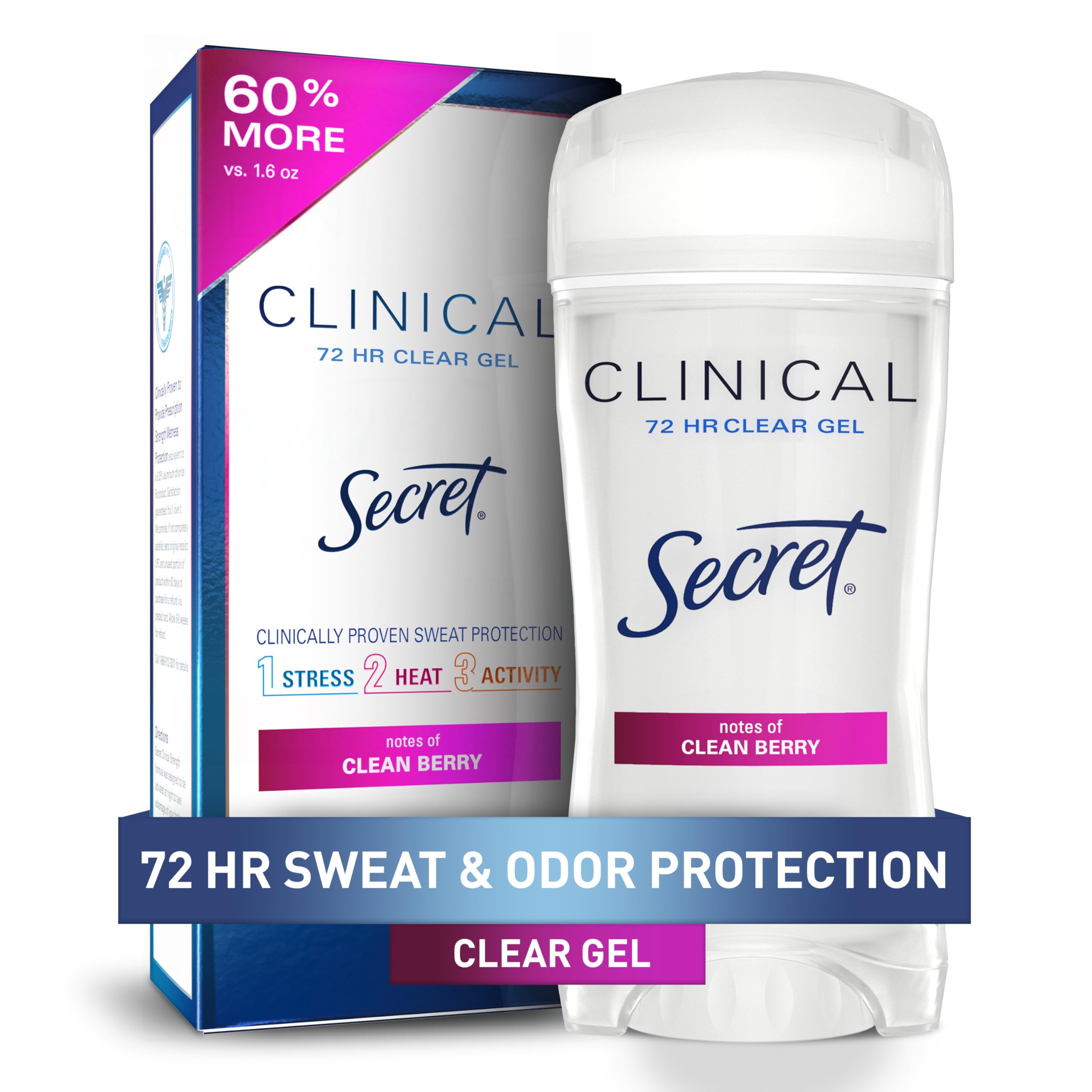 Secret Clinical Strength Antiperspirant Deodorant for Women, 3X Stress Protection, 72hr Sweat & Odor Protection, PH Balancing Minerals, Clear Gel,