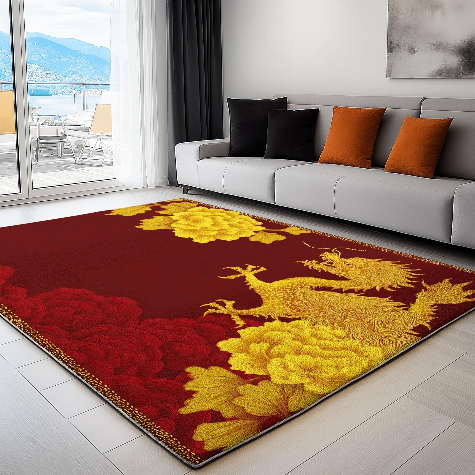 Tapis de Salon Moderne 140 cm x 200 cm Bordeaux Dragon Chinois Fantastique Nuage Et Brume, Poils Courts Anti tache Lavable - Tapis pour Chambre Enfant Adulte Cuisine Entrée - Confortable Doux