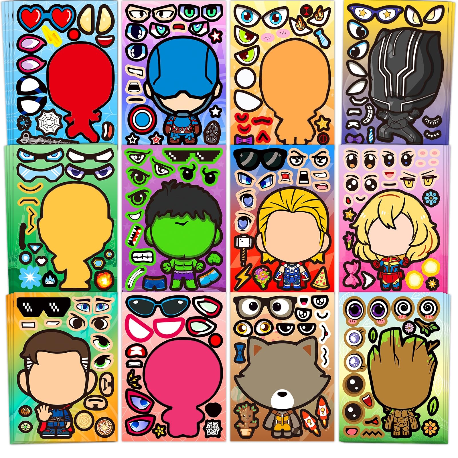 48 Sheets Make Your Own Stickers for Kids, DIY Make Superhero Face Stickers for Boys Girls, Party Favors Supplies Art Craft Family School Reward