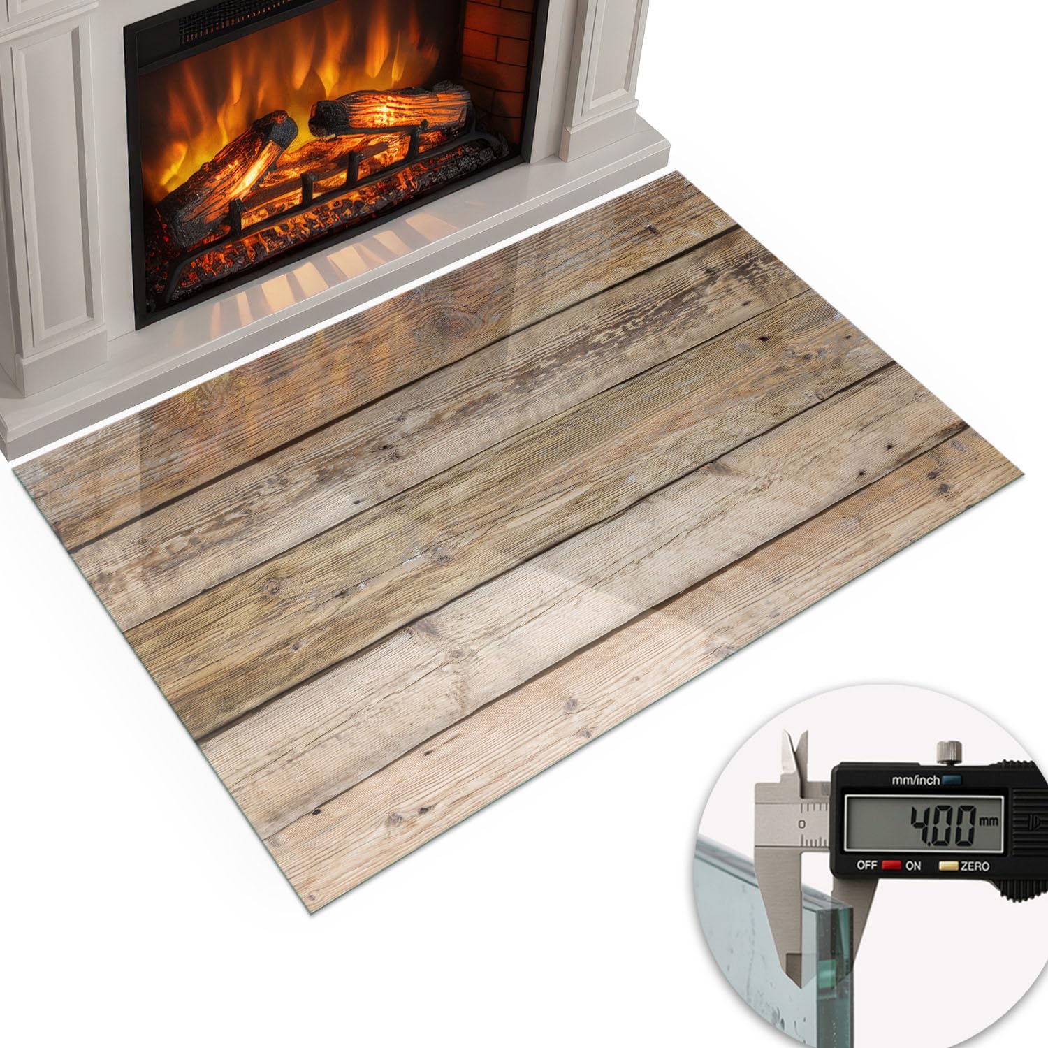 Piastra per camino e stufa 100x70 cm cm Resistente alle Alte Temperature Resistente a Scintille Design Elegante Protezione del Pavimento di Vetro Temperato Rotonda - Tavola di legno in disposizione