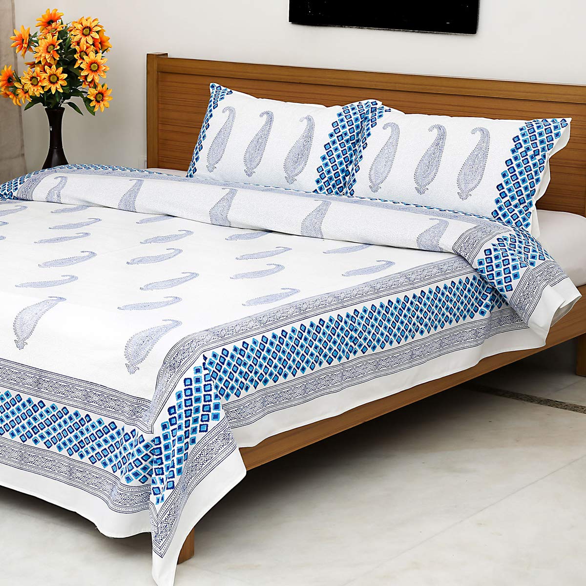 Home Evolution Paisley Khadi Block Printed 3 Piece Bedding Set - King (108 X 108 Inch) - White/blue