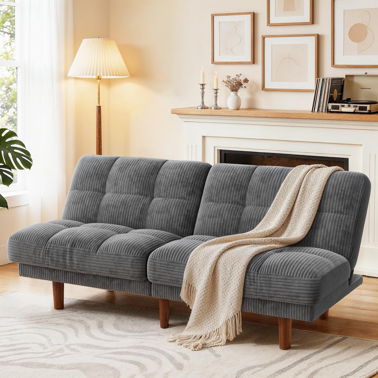 Photo 1 of Marsail 65" Futon Sofa Bed, Convertible Small Recliner Sleeper Sofa Bed with Adjustable Backrest, Corduroy Loveseat Futon Couch for Small Apartments, Living Room Office, Guest Room (Grey)