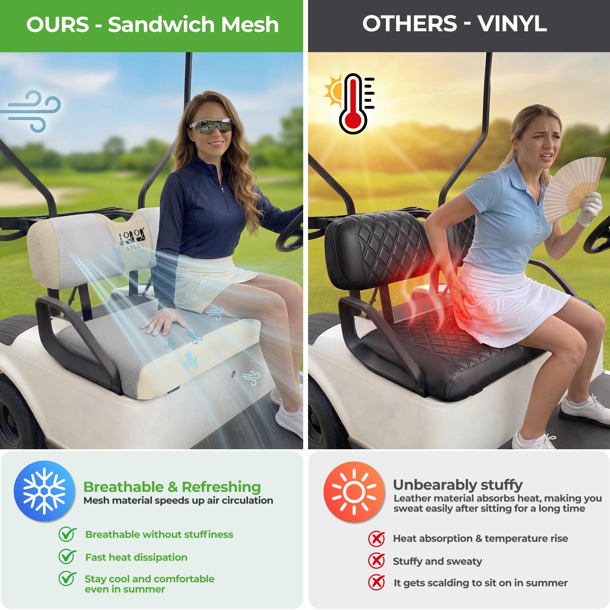 10L0L Pokrowce na siedzenia do wózka golfowego, zestaw przednich siedzeń do EZGO TXT RXV i Club Car DS, oddychające pokrowce na siedzenia utrzymują chłód i nadają się do prania, poliestrowe pokrowce na siedzenia, dwukolorowe kolory - szary/czarny/czerwony