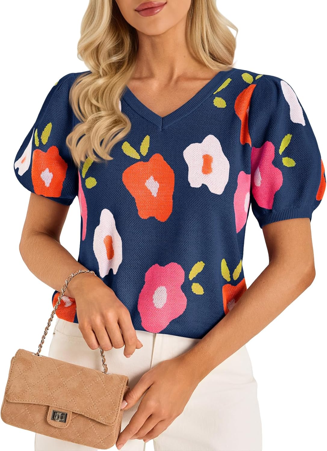 Cicy Bell Womens Puff Short Sleeve Sweater Tops 2026 Spring Summer Floral Pullover V Neck Casual Knit T Shirts