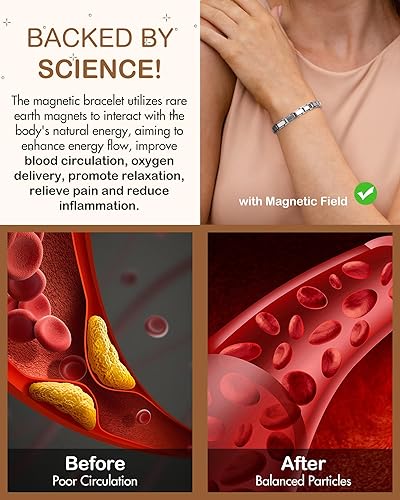 Miniatura 4 de Feraco Pulsera magnética para mujer, acero de titanio, pulsera magnética con imanes de neodimio, regalos de joyería de Navidad (plateado)