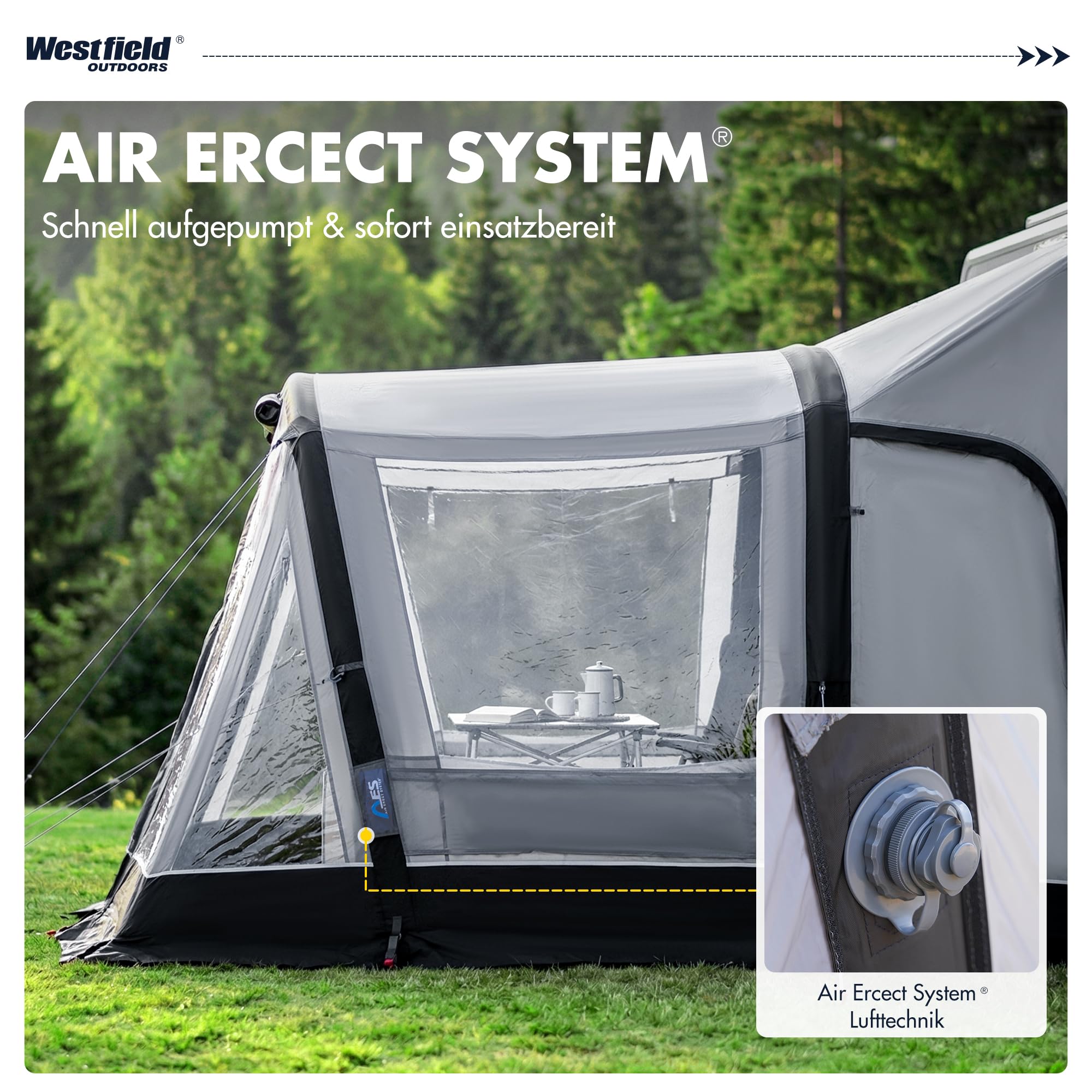 Westfield Outdoors Hydra, Aufblasbares Zelt 300 x 240 cm, Wetterfestes Autozelt mit 3000 mm Wasserschutz, UV-beständig, Drive-Away-Funktion, Panorama-Ausblick, abnehmbare Wände & Tragetasche