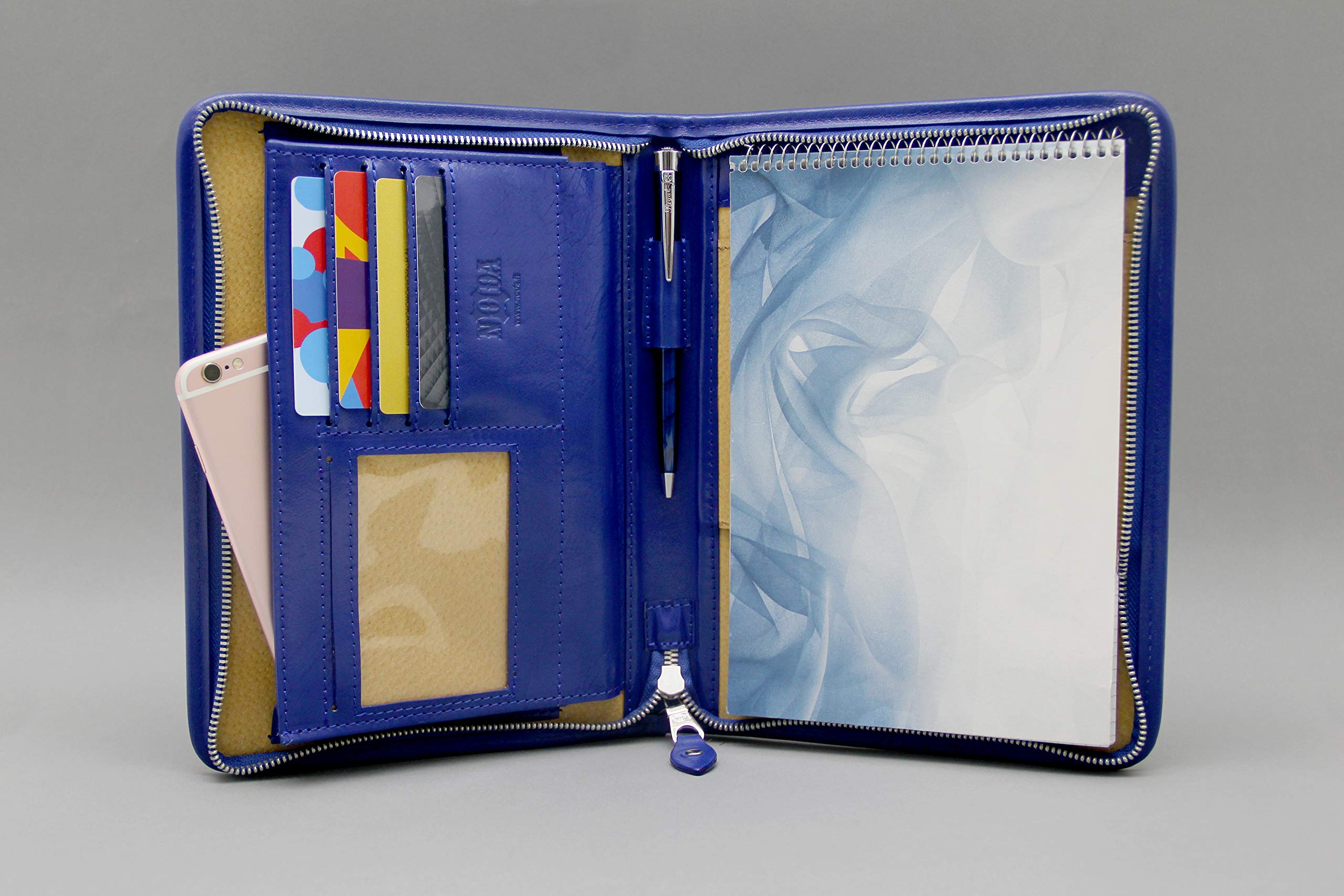 Noda Leather Padfolio A5 Support pour bloc-notes zippé Portefeuille en cuir A5 bleu