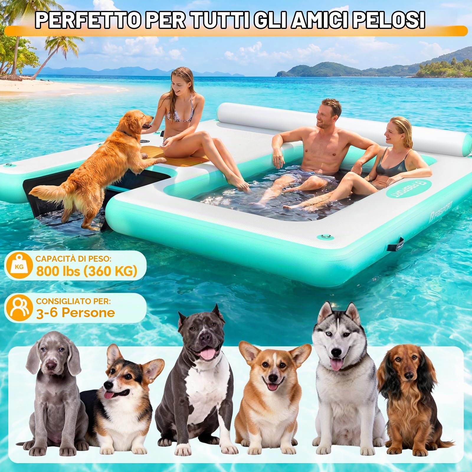 Pontone Galleggiante Gonfiabile, Piattaforma Galleggiante Antiscivolo, Isola Gonfiabile | Piattaforma per Cani 240×240cm con Rampa e Poggiapiedi, adatta per Piscina, Lago, Spiaggia e Oceano