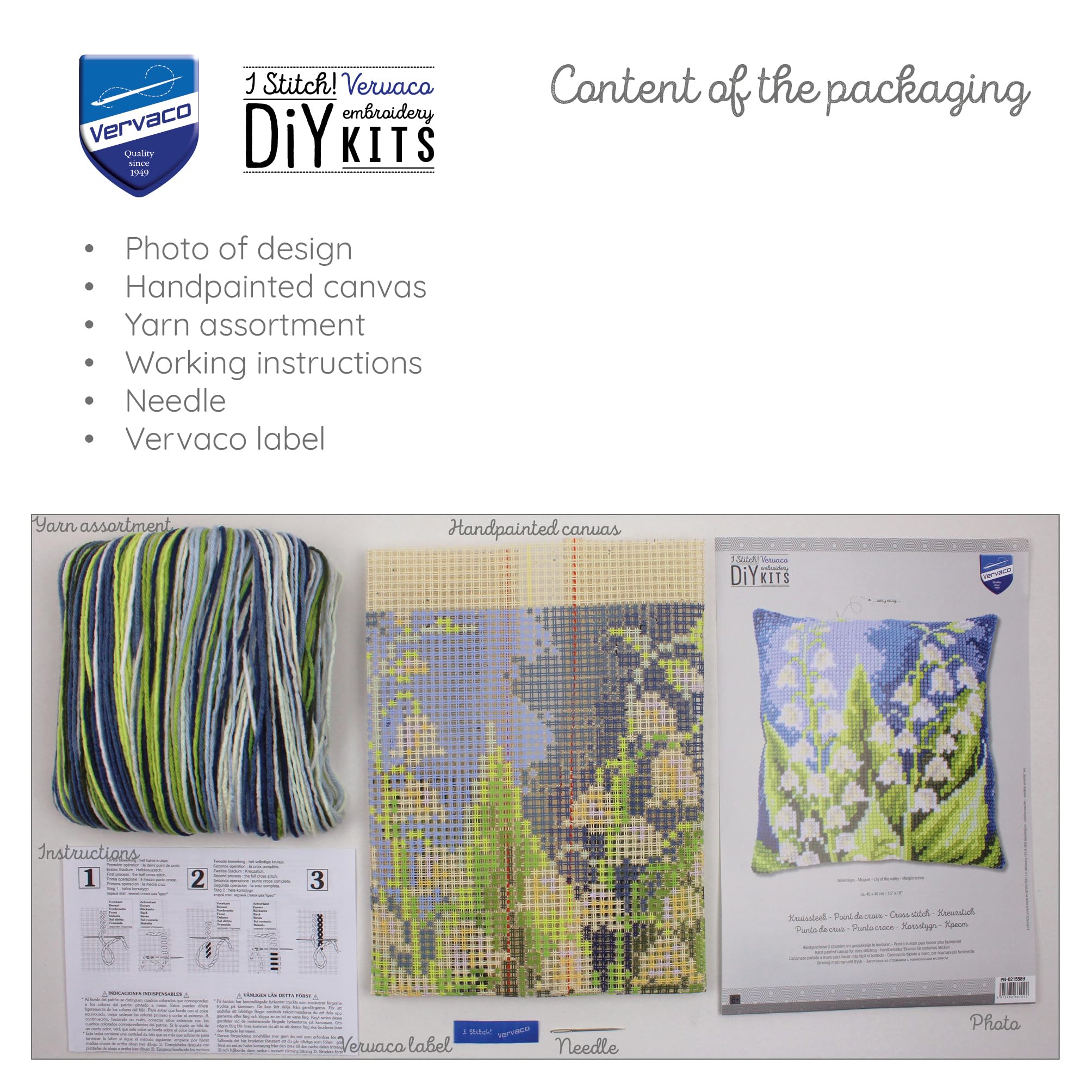 VERVACO Zestaw do Haftu Krzyżykowego Poduszka KONWALIA Kanwa z Nadrukiem 40 x 40 cm Gruba Włóczka Akrylowa Zrób to Sam Dekoracja Domu DIY Cross Stitch Kit