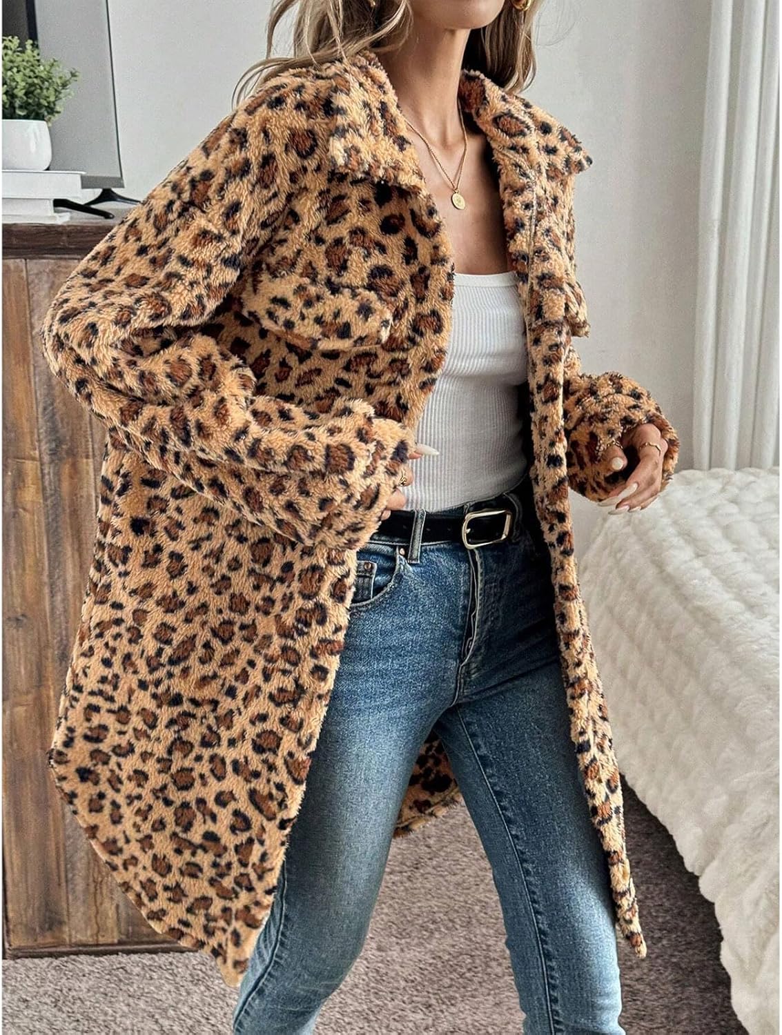 Zeavitt Women's Faux Fur Long Jacket Fleece Leopard Printed Button Down Coats Lapel Flannel Jacket Winter Fall Outwear - Image 4