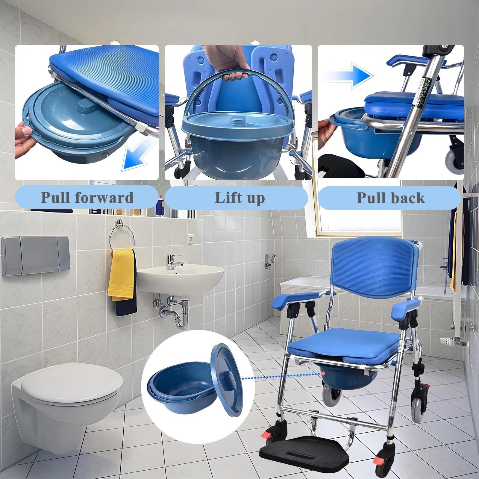 Silla Ducha con Ruedas para Personas Mayores, Azul Silla Ducha Plegable WC Portátil, 4 en 1 Silla con Inodoro Incorporado y 4 Ruedas de Bloqueo para Adultos, Capacidad de 150kg