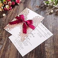 Vista 2 de Hosmsua - 50 tarjetas de invitación de boda con forma de rosa de encaje cortadas con láser y lazo con sobres para despedida de soltera, compromiso