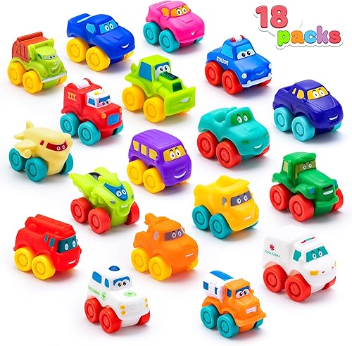 Miniatura 3 de JOYIN Juego de 18 autos de tracción hacia atrás y 18 piezas de juguete de goma suave, mini vehículos de juguete, auto para niños pequeños, recuerdos