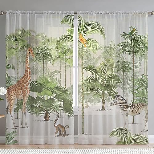 Miniatura 1 de Cortinas transparentes de jirafa linda de 84 pulgadas de largo, 2 paneles de estampado de palmeras de dibujos animados con bolsillo para cortinero,