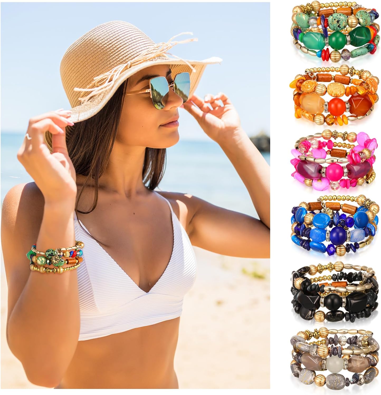 Misdary 6 Pcs Boho Multilayer Irregular Agate Beads Charm Bracelets Vintage Yoga Turquoise Bangles Boho Jewelry for Women - Image 3