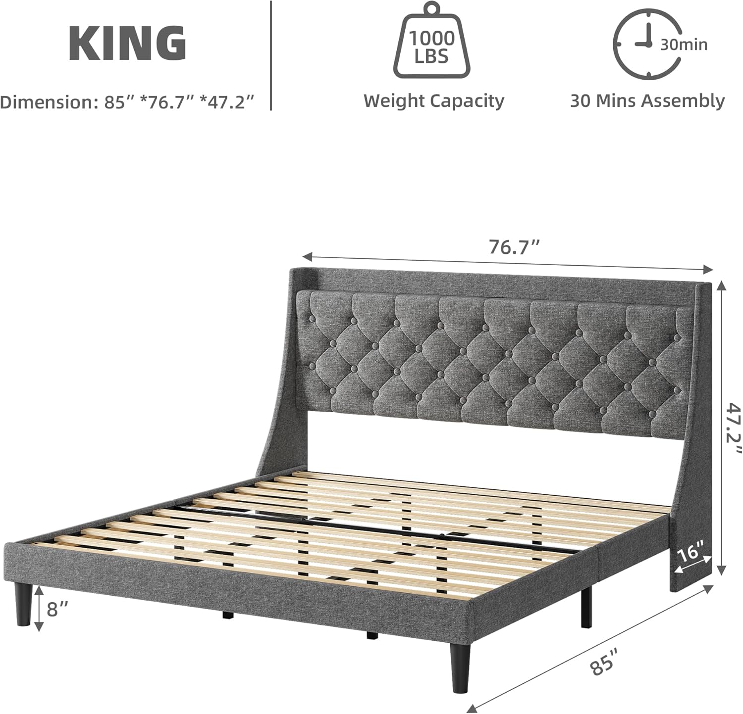 Diagram showing King size bed frame dimensions, 1000 lbs weight capacity, and 30 minutes assembly time.