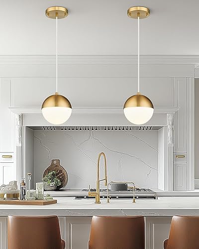 Miniatura 2 de LMS Luces colgantes de mediados de siglo, accesorios de iluminación de isla de cocina de oro cepillado con pantalla de vidrio de globo blanco, cable