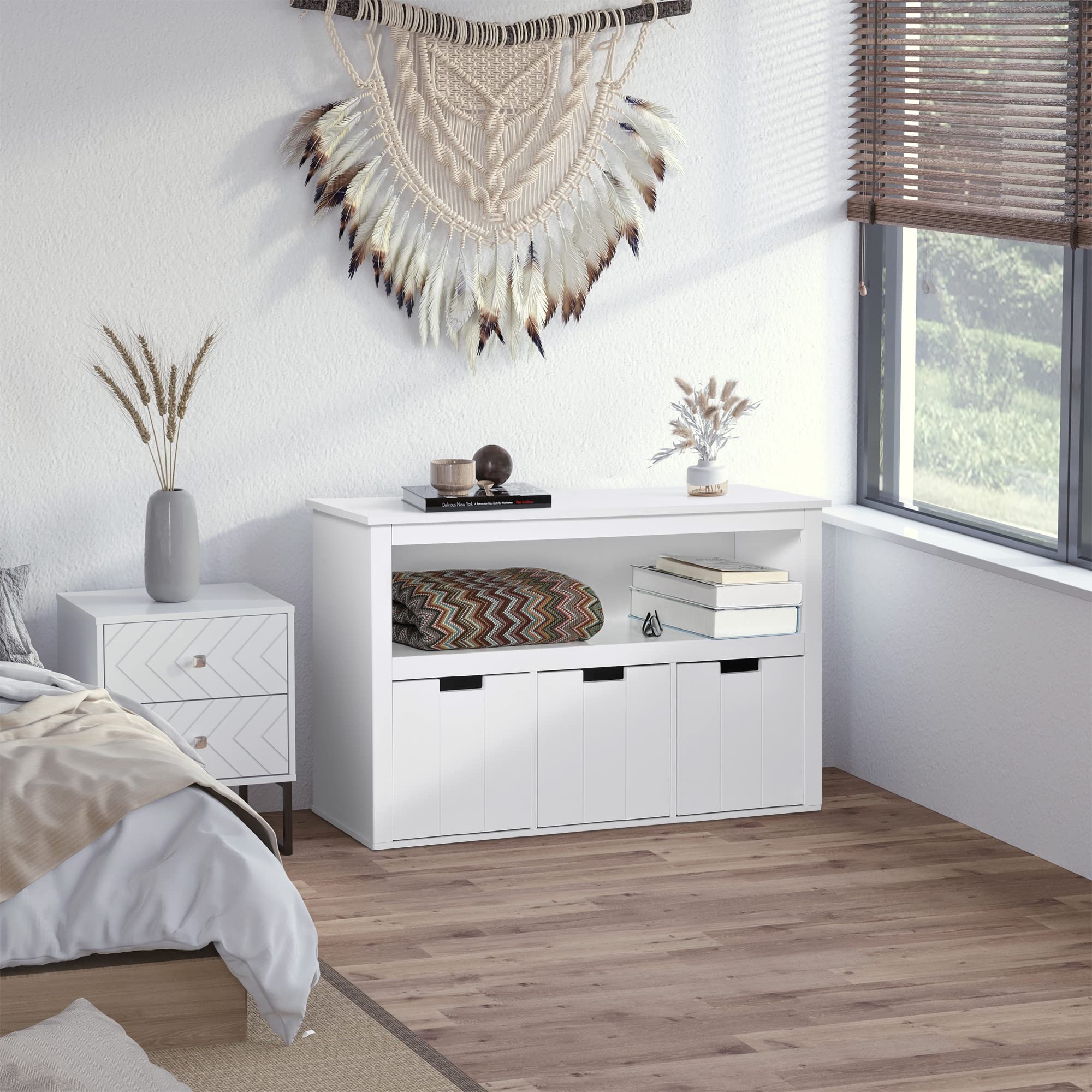 HOMCOM Aparador de Salón con 3 Cajones Extraíbles 102x33x61,5 cm Blanco | Estantes Abiertos, para Libros Juguetes, Armario Auxiliar de Almacenamiento, para Dormitorio Cocina