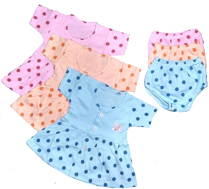 BabyBlossom Baby Girls Cotton Frock and Shorts (0-3 Months, Multicolour) - Combo Pack of 3