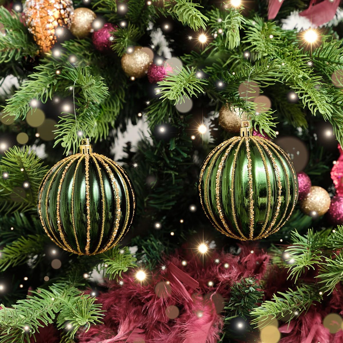 Melody Maison Set of 2 Green Glitter Striped Reeded Hanging Baubles - 8cm