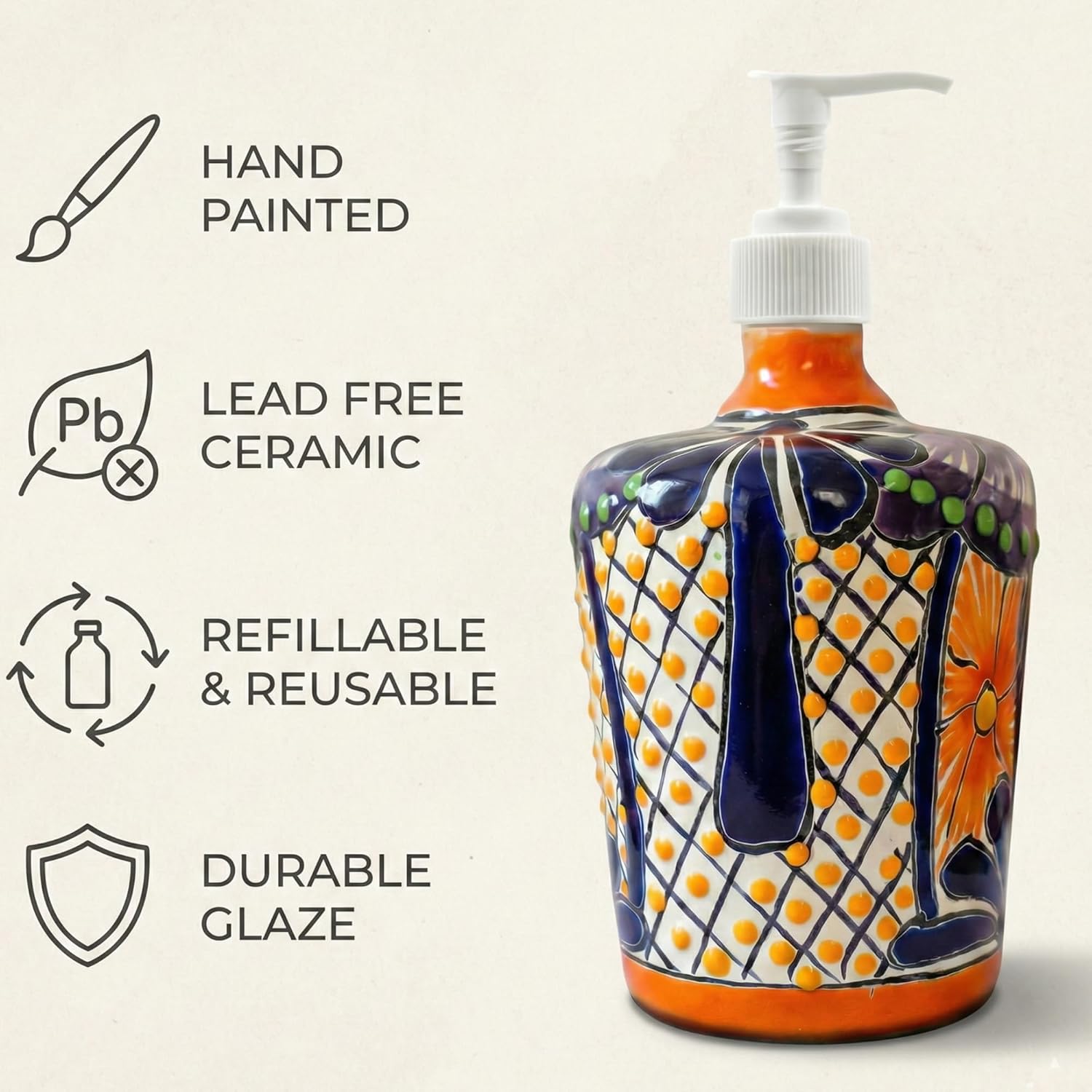 Talavera Ceramic Soap & Lotion Dispenser – Hand-Painted Mexican Pottery for Kitchen & Bathroom – Lead-Free, Rust-Proof Pump – Easy Refill – Unique Multicolor Design - Jabonera Barril Multicolor