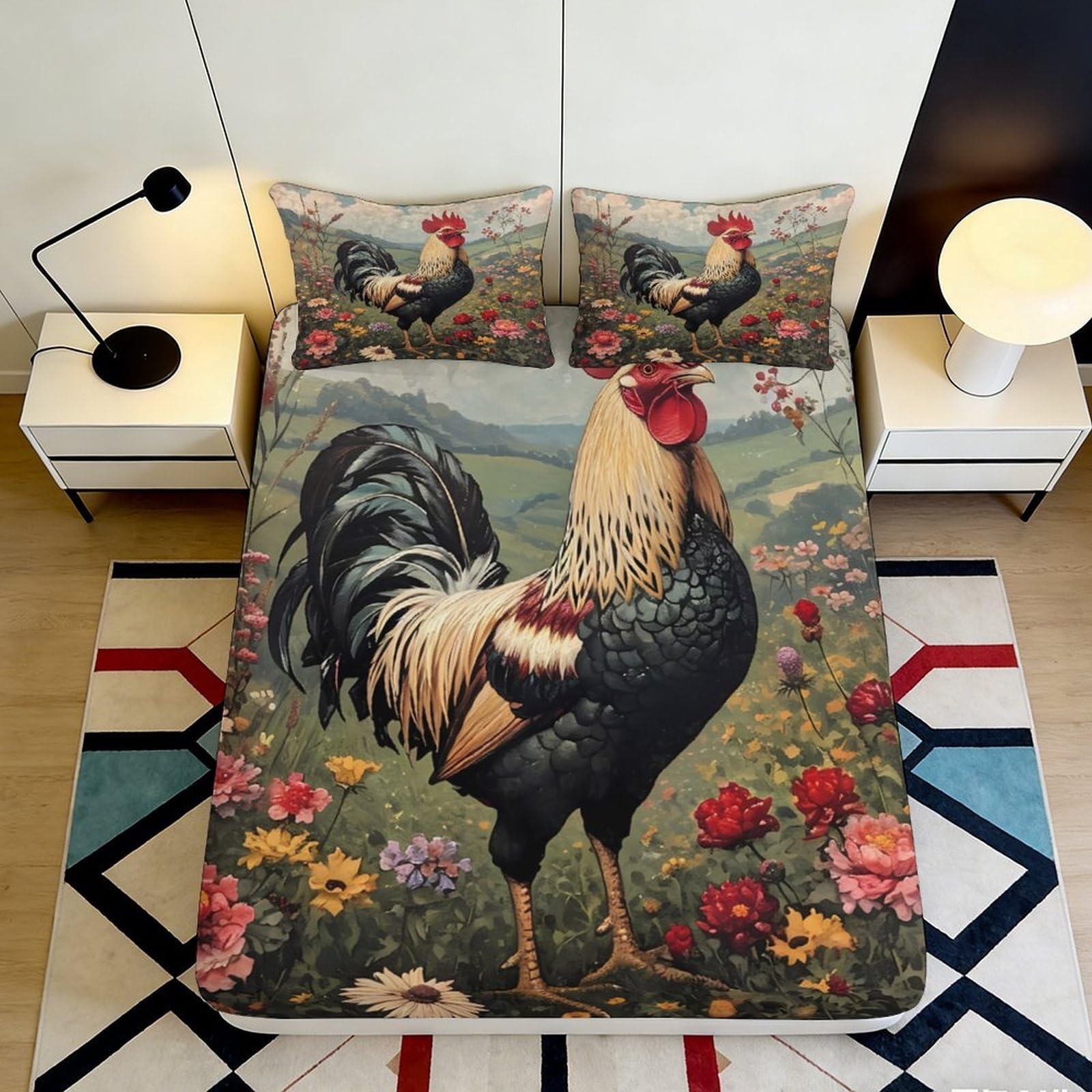 3D Printed Rooster Garden Fitted Sheet Microfiber Deep Pocket Non-Slip Bedroom Bedding Rooster Mattress Fitted Cover Washable 180x200x25cm