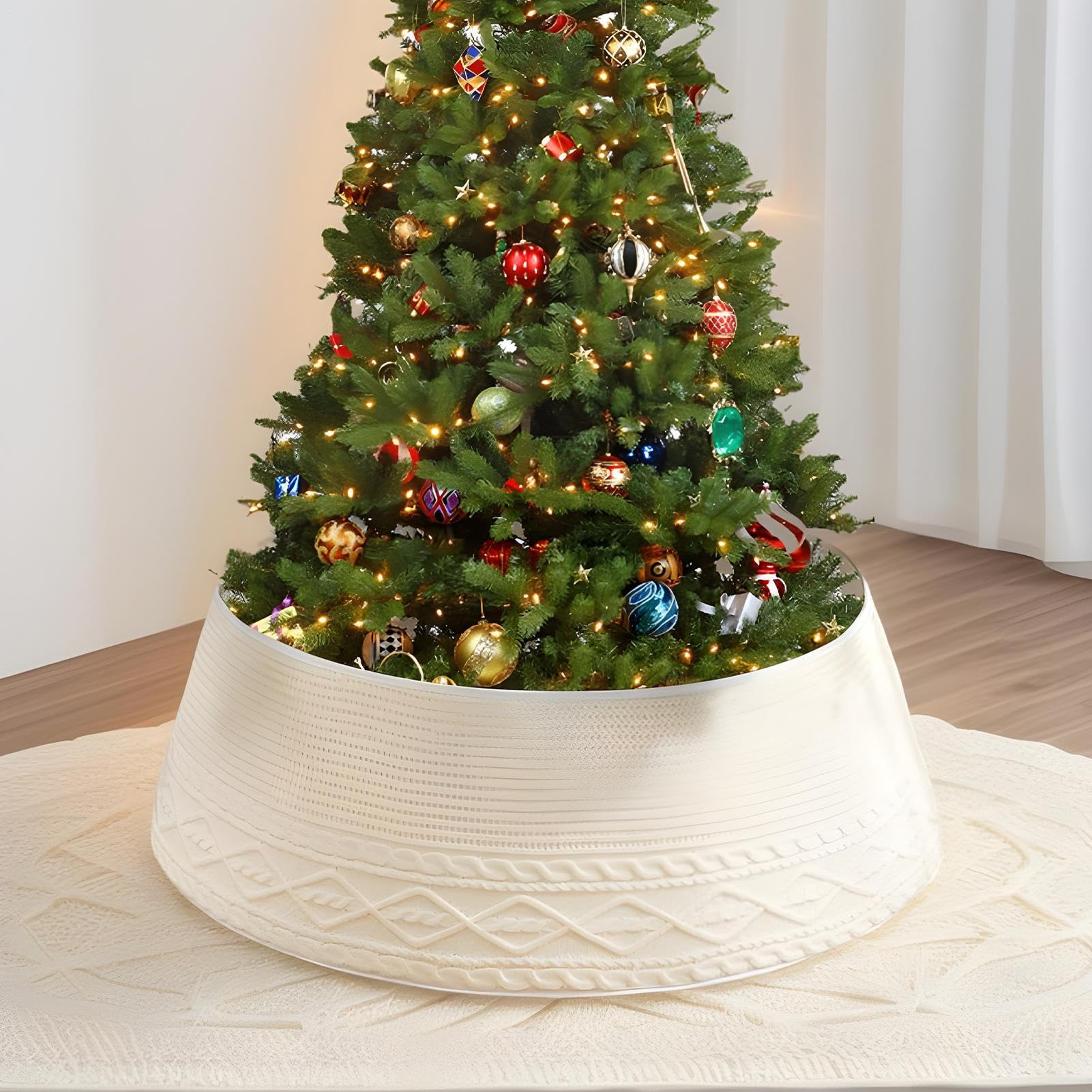 Collare decorativo per albero di Natale | Anello rustico lavorato a maglia come decorazione avvolgente | Crema bordi a forma di diamante collare per albero sottile | Per la casa colonica in inverno e