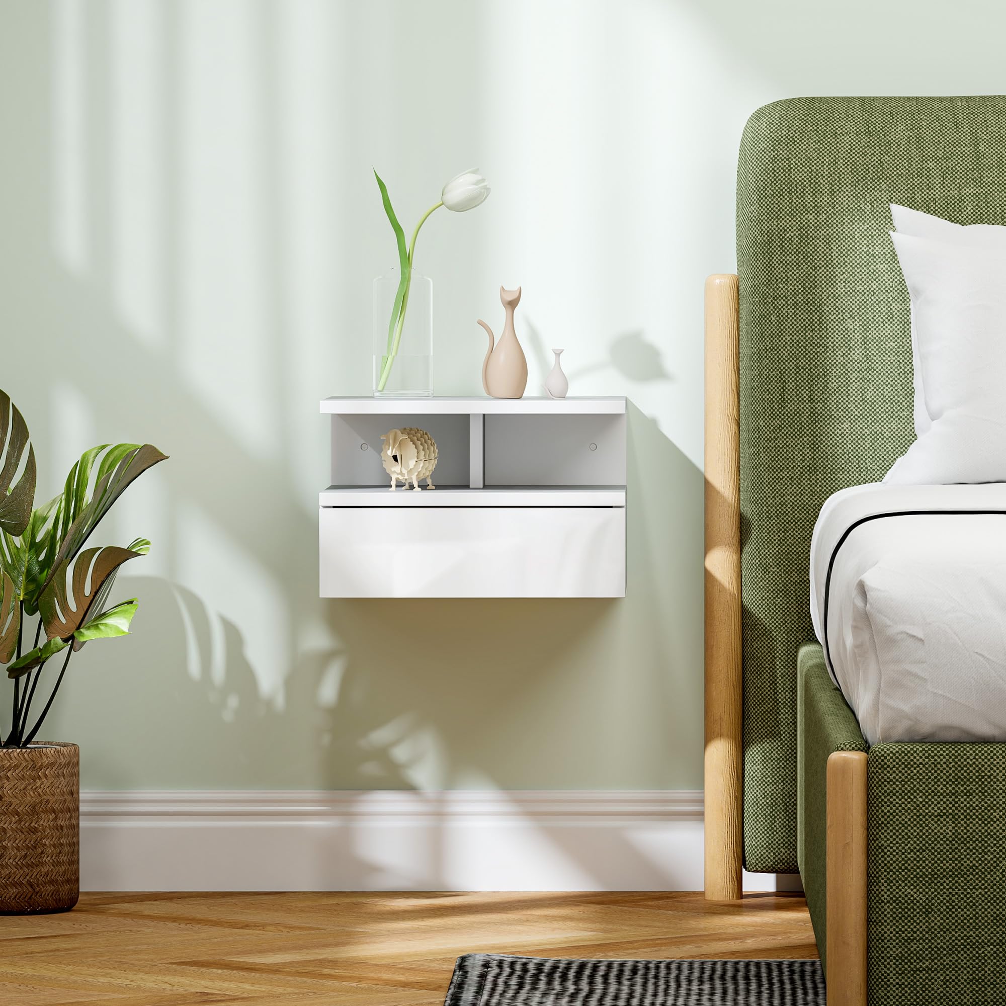 HOMCOM Comodino Sospeso per Camera da Letto con Cassetto e Ripiano Aperto, Comodino Moderno Salvaspazio in Legno, 35x32x22.5 cm, Bianco