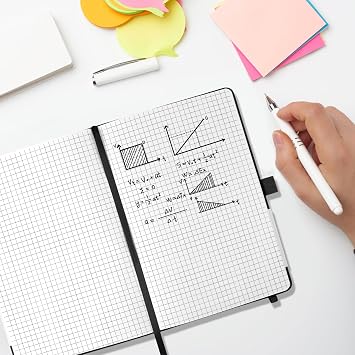 A5 Journal Notebook Graph Paper, 200 Pages Leather Squared Journal Notebook for Women Men, Hardback Note Book with 80GSM Grid Paper, No Bleed for Writing, Notepad for Office School Supplies, Black