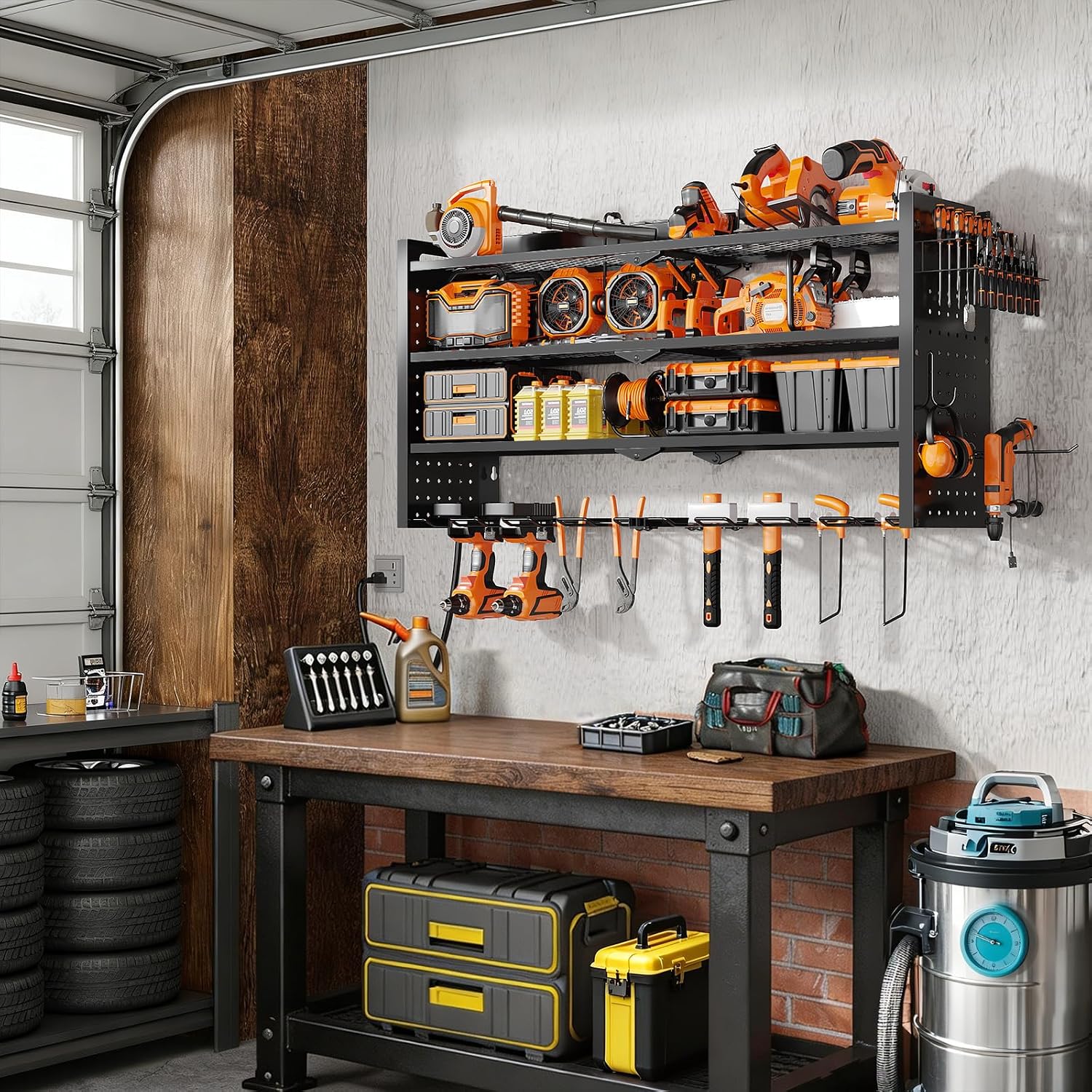 ROOMTEC 33" Wall-Mounted Power Tool Organizer for Garage, 4-Layer Heavy Duty Metal Tool Storage Rack with 8-Outlet Charging Station, Cordless Drill & Battery Organizer, Tool Holder for Workshop