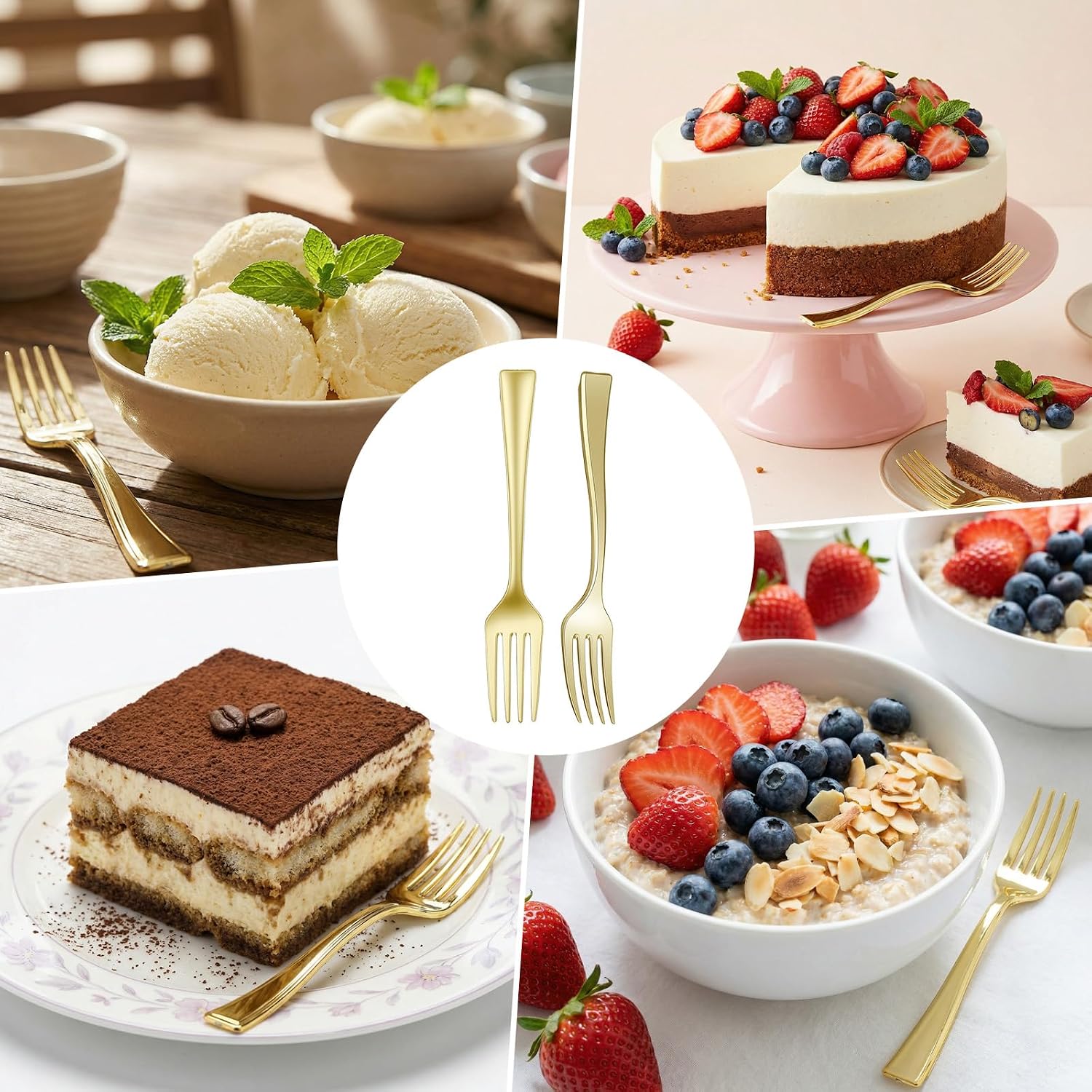 300 Pcs Disposable Gold Mini Forks, 4" Small Plastic Desserts Fork Heavy Duty Tiny Forks for Appetizers Fruits Cakes Puddings
