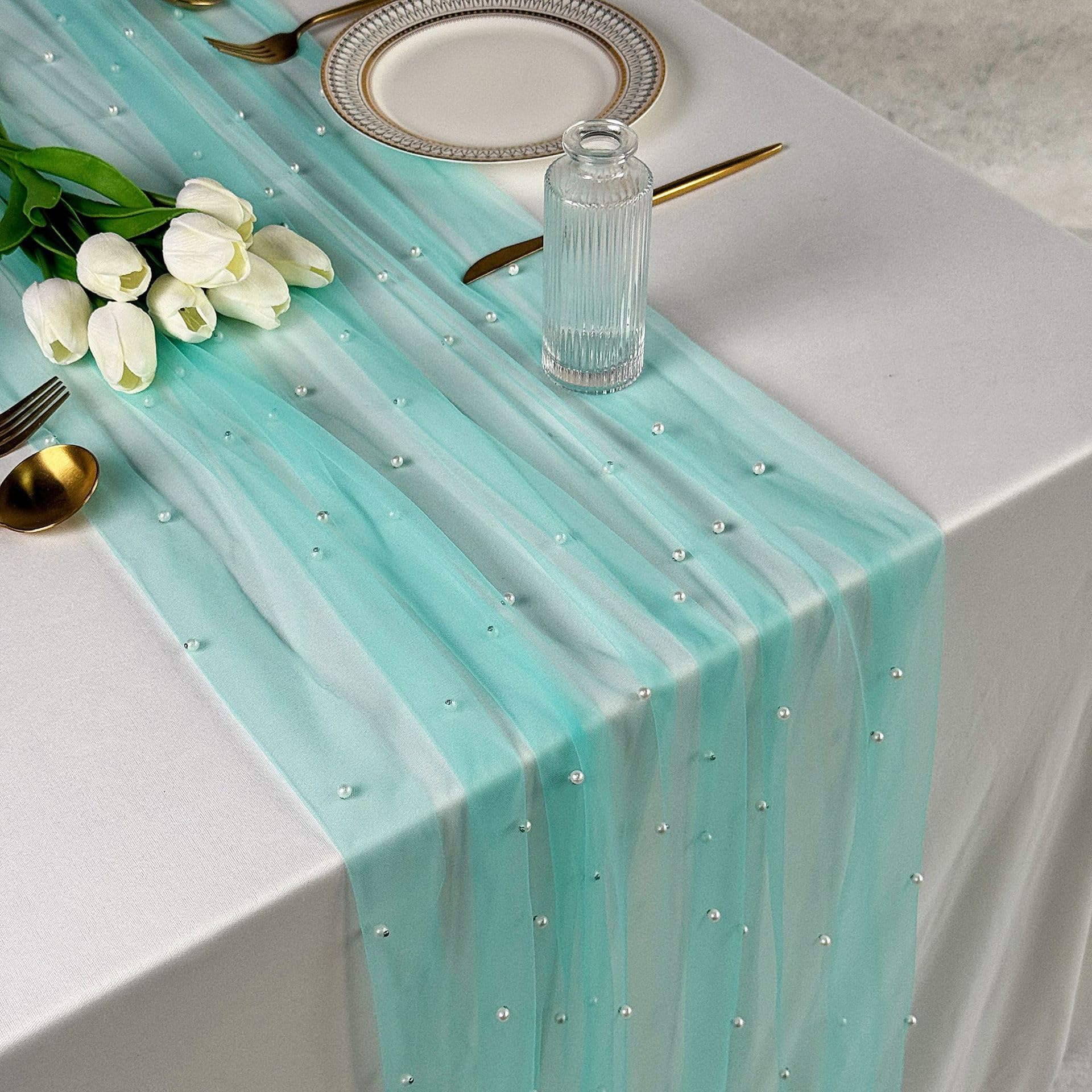 Plancholo Pearl Table Runner 118 Inches Long Teal Boho Rustic Tulle Table Runner with White Pearls for Wedding Birthday Party Table Decor, 30x118 Inches
