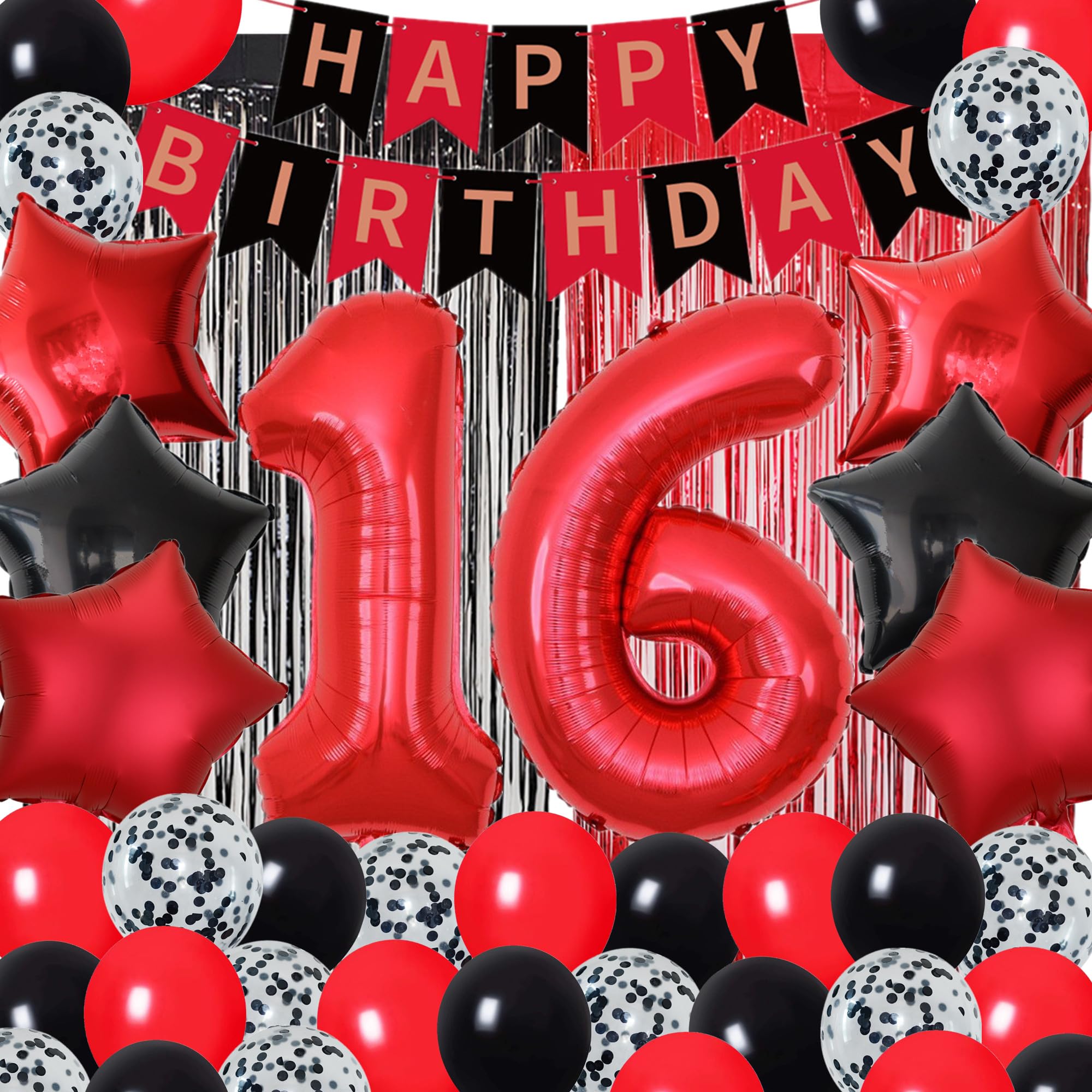 16th Birthday Decorations for Boys Red and Black 16th Happy Birthday Banner Sixteen Birthday Supplies Number 16 Balloon Foil Fringe Curtains Latex