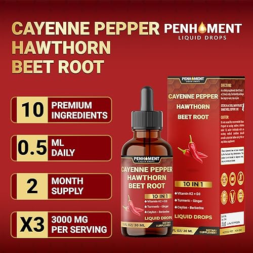 Miniatura 5 de 10 en 1 3000 mg de pimienta de cayena espino baya vitamina D3 K2 raíz de remolacha jengibre gotas líquidas y más  Apoyo a la digestión  1 onza